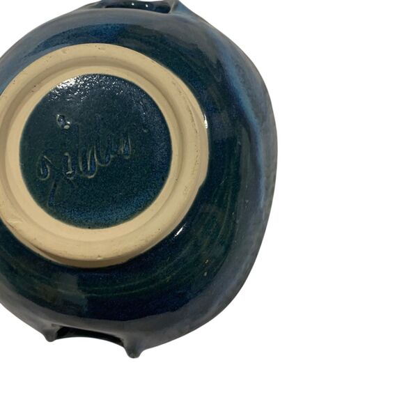 Hand Crafted Ceramic Bowl Blue Green Glaze with Handles Signed by Artist - Picture 9 of 11